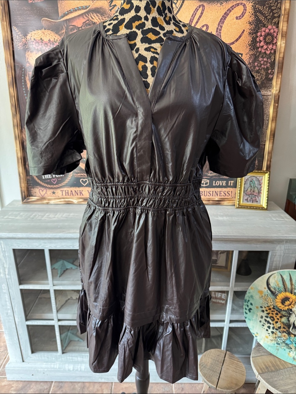 NWT Simply Southern Women's Choco Brown PU Shirred Waist Dress Sz XXL